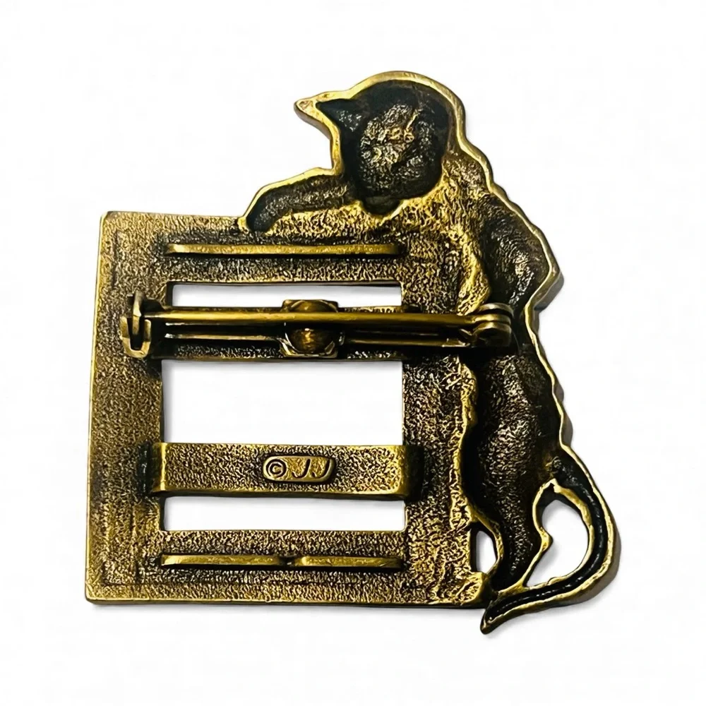 Vintage Signed JJ Bronze Ton Cat With Frame Brooch Pin